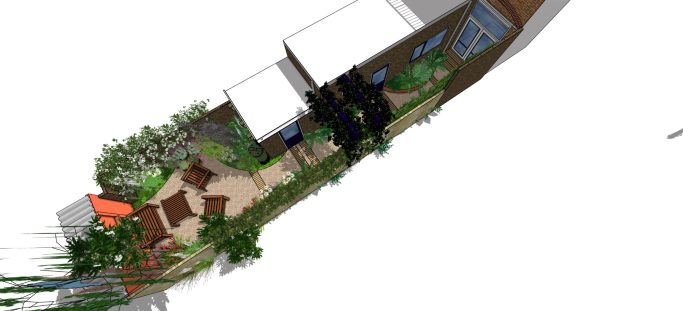 Een overzicht van een tuinontwerp met paden, planten en een waterpartij.